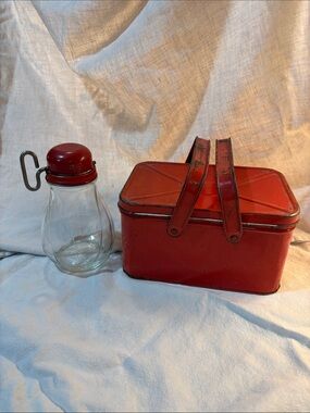 Vintage items (2). Lunch pail, double handle red, glass bottle grinder -Federal